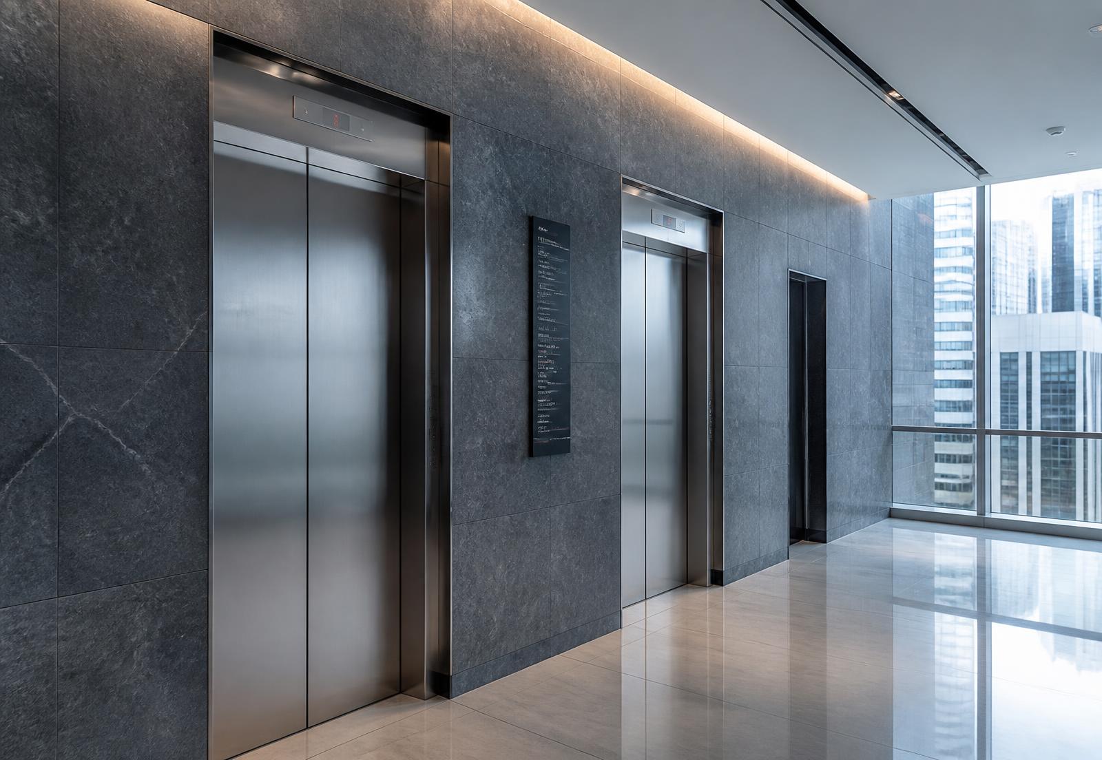 Hall de elevadores de um edifício corporativo moderno em São Paulo